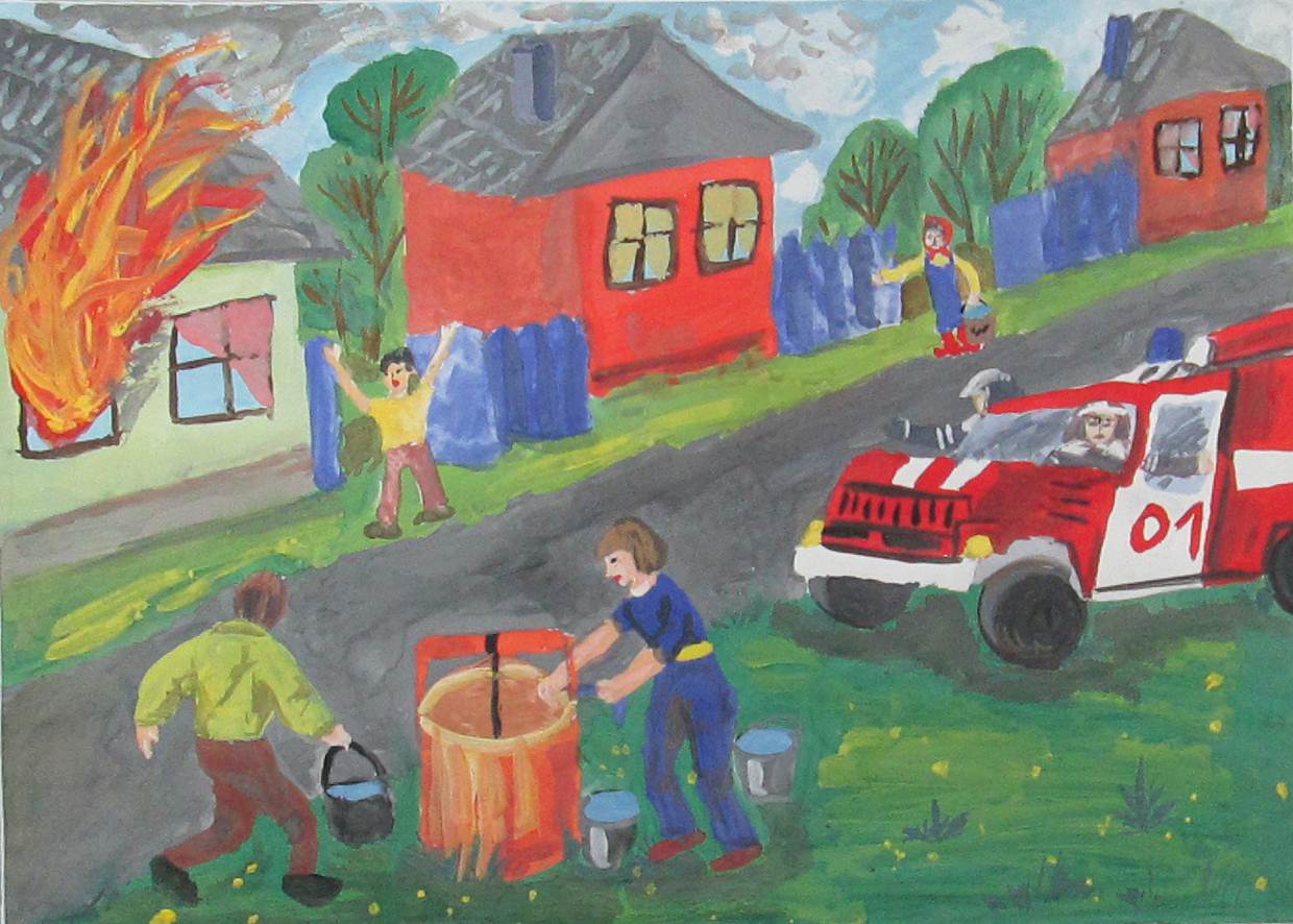 Пожар в деревне рисунок